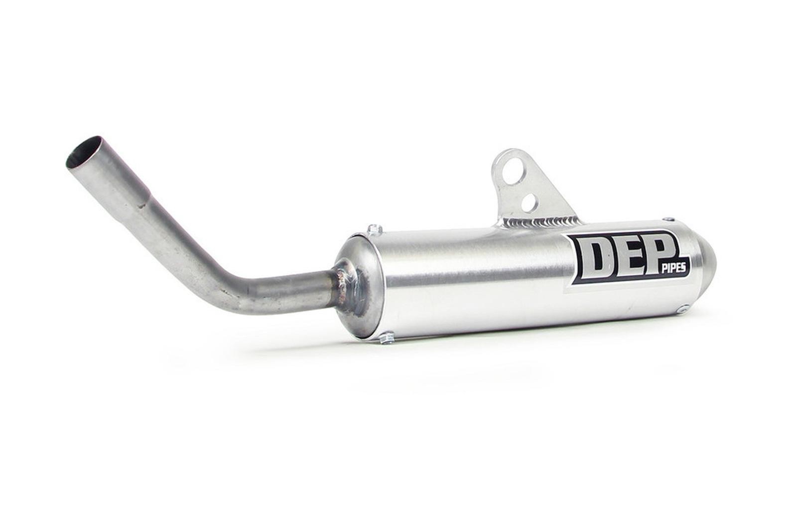 Silver metal exhaust silencer with a round shape, featuring a curved outlet pipe and a prominent black "DEP Pipes" logo, designed for KTM SX65 models from 2002 to 2008.
