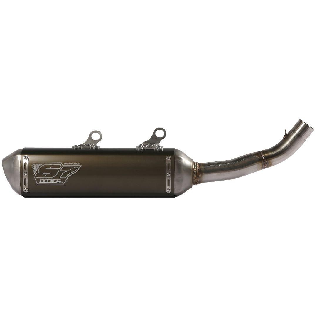 DEP Exhaust Silencer for KTM SXF 250/350 2023, featuring a sleek metallic finish, curved outlet pipe, and distinct branding on the side, designed for enhanced performance.