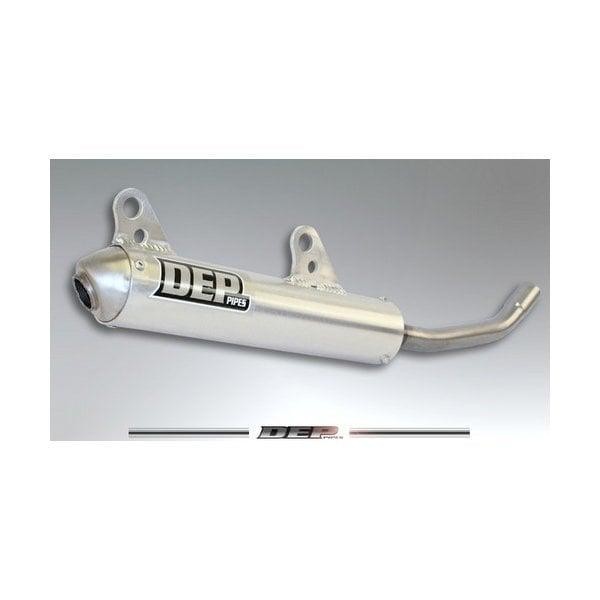 Silver metal exhaust silencer with a curved outlet and mounting brackets, featuring the "DEP" logo prominently displayed on the side, designed for KTM XC-W 125/150 and Husqvarna TX125 models from 2017-2019.