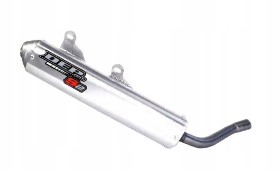 Silver metal exhaust silencer with a curved end and DEP branding, designed for Sherco SE 250/300 Factory and Race models from 2018-2019.