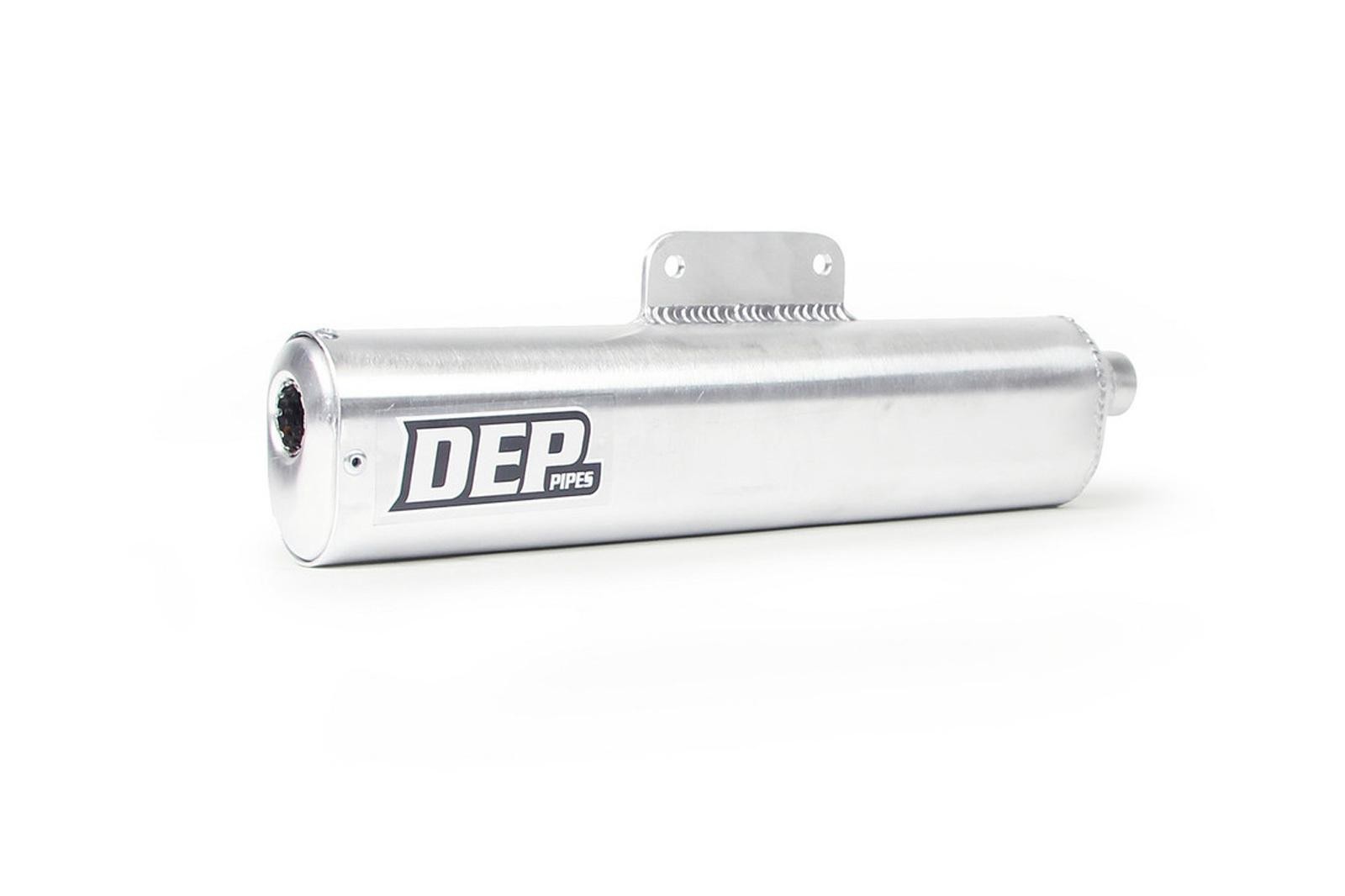 Silver aluminum exhaust silencer with a cylindrical shape, featuring a black DEP logo, designed for Suzuki PE175N & PE175X models from 1979 to 1981.