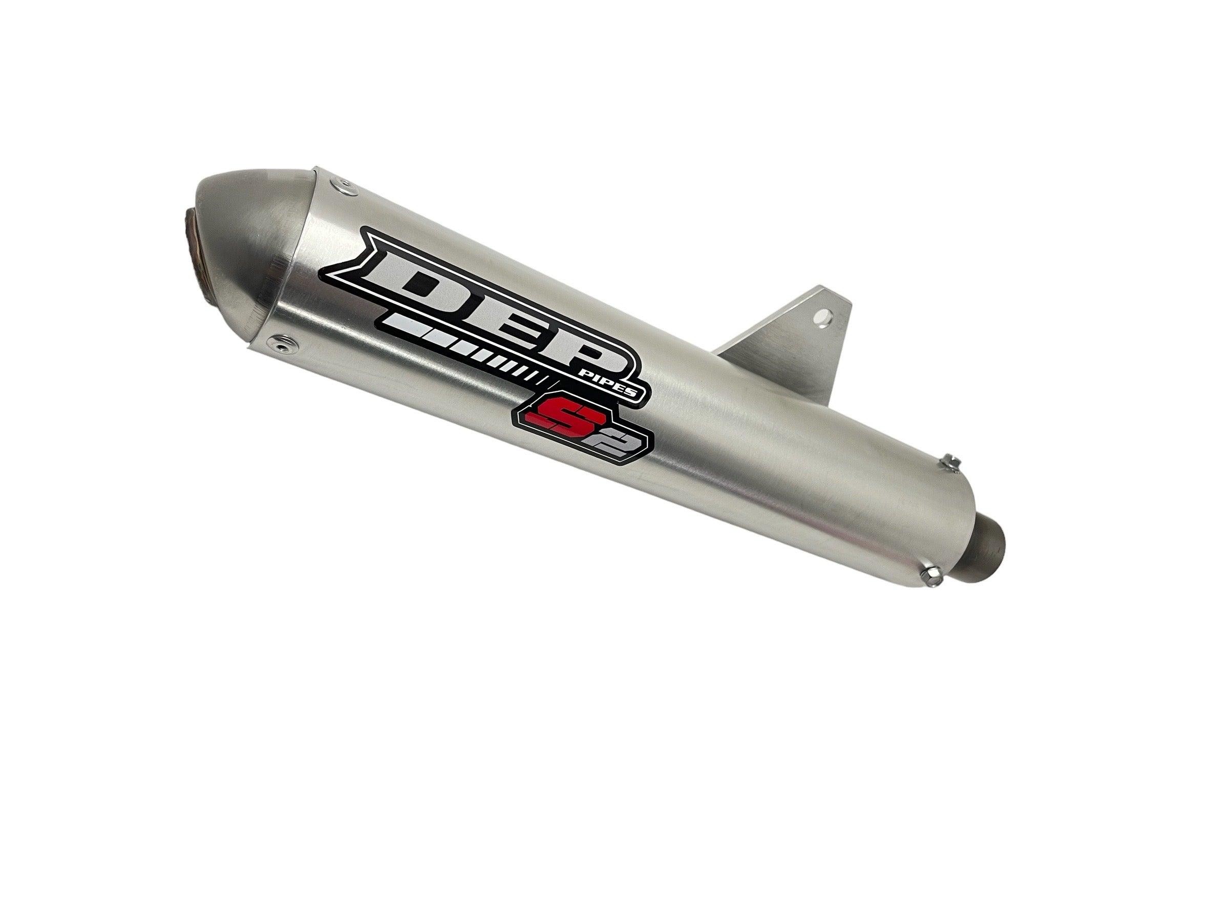 Silver stainless steel exhaust silencer with a rounded end, featuring a black and red DEP logo and a mounting bracket for Suzuki RG125 Fun/Wolf models.