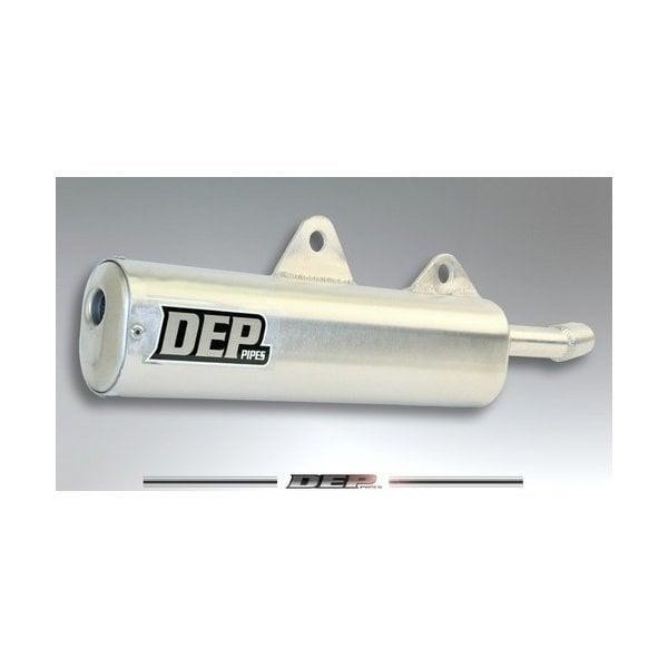 Silver metal exhaust silencer with a cylindrical shape, featuring the "DEP Pipes" logo, two mounting brackets, and a tapered end for the Suzuki RG125 Gamma motorcycle.