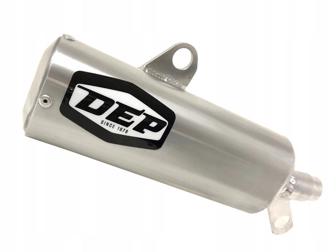 Silver aluminum exhaust silencer with a black and white DEP logo, designed for Suzuki RM125 models from 1989 to 1991, featuring a curved end and mounting bracket.