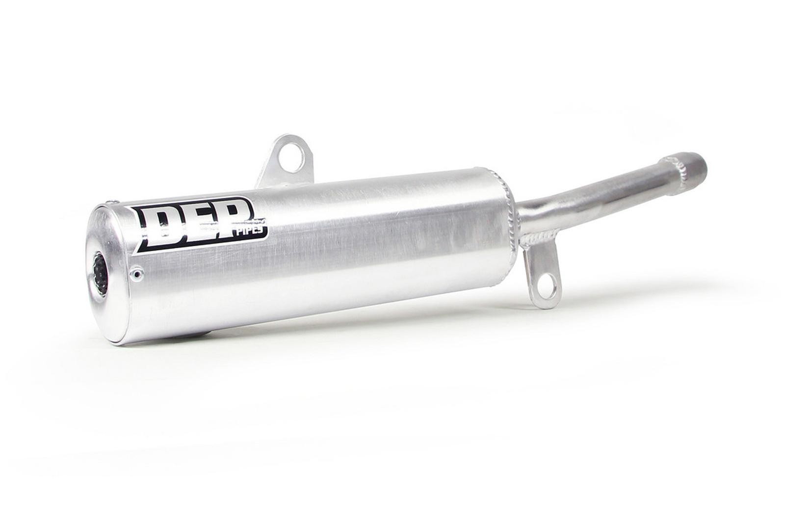 Silver aluminum exhaust silencer with a polished finish, featuring the "DEP" logo, designed for Suzuki RM250 models from 1993 to 1995, with mounting brackets attached.
