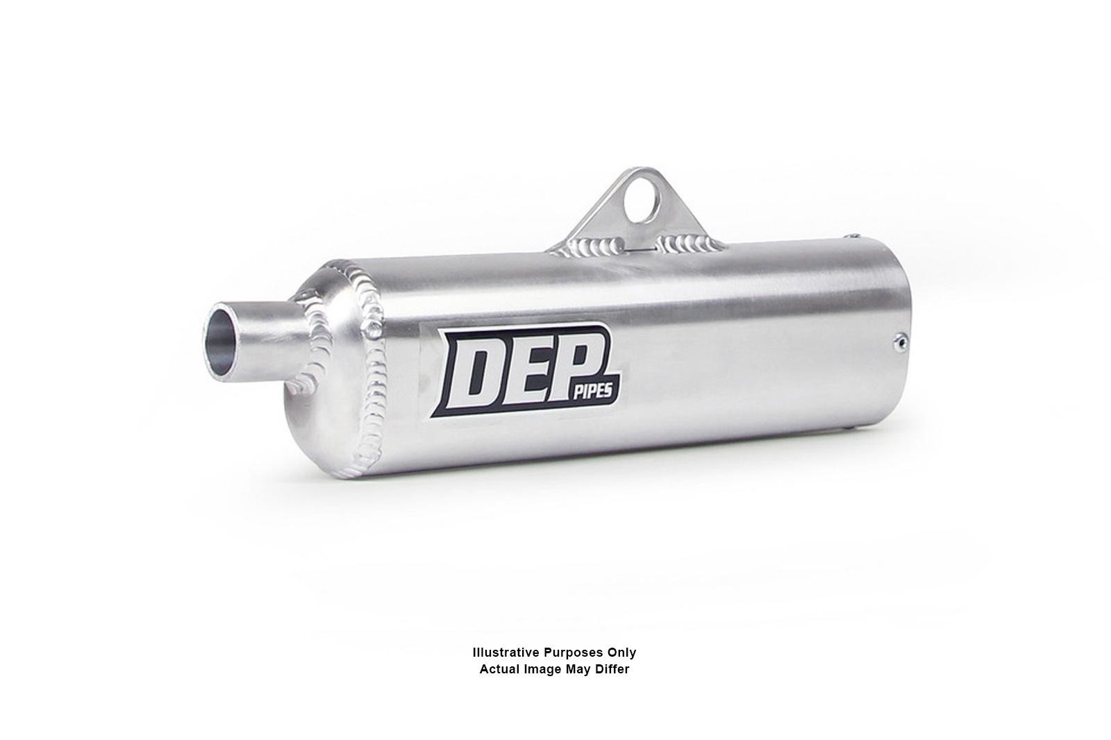 Silver aluminum exhaust silencer with a cylindrical shape, featuring a prominent DEP logo, designed for Suzuki RM500 models from 1983 to 1986.
