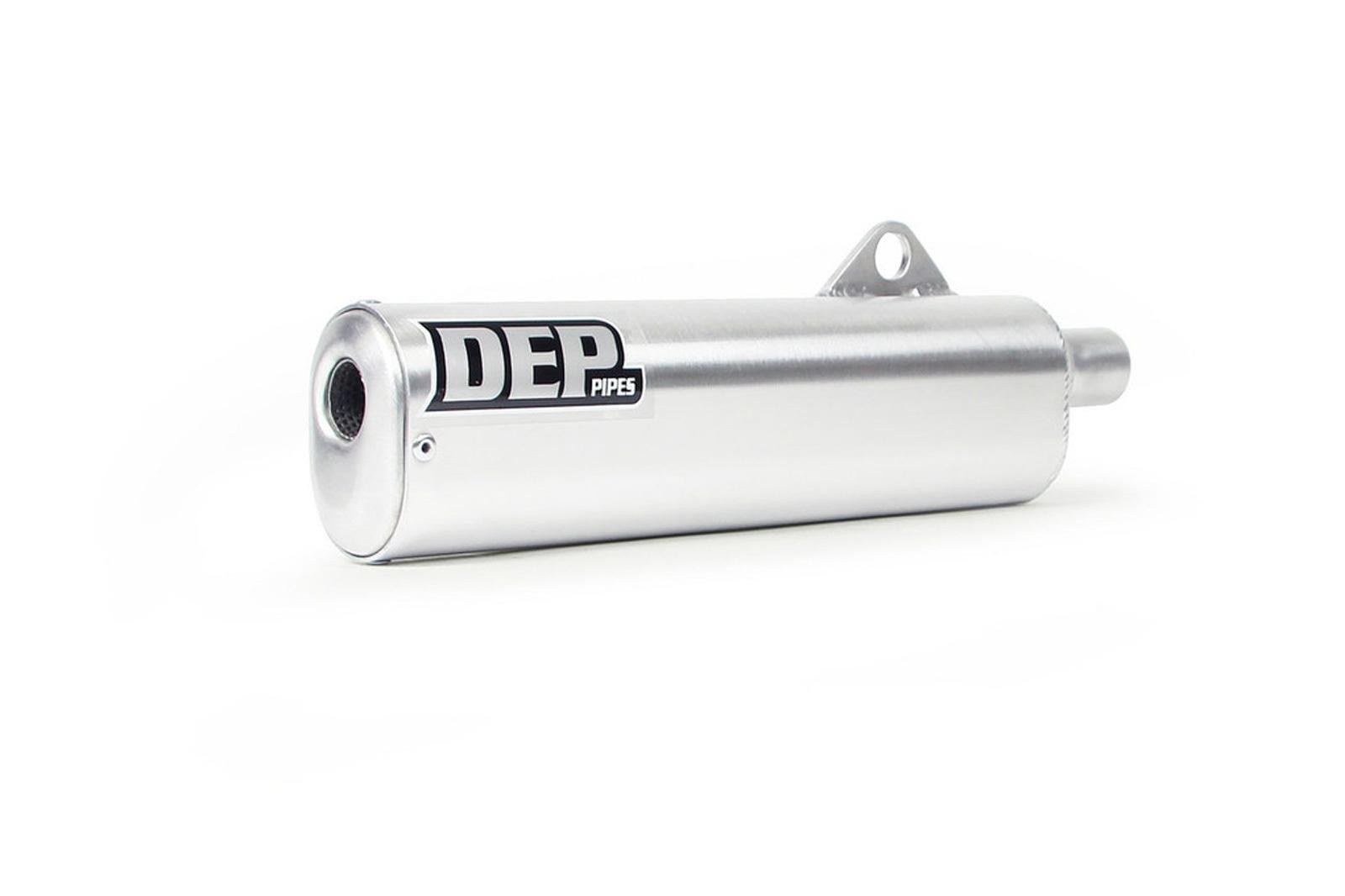 Silver aluminum exhaust silencer with a rounded end, featuring a black DEP logo, designed for Suzuki TS250X, showcasing a sleek, polished finish and a mounting bracket.