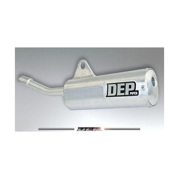 Silver aluminum exhaust silencer with a sleek cylindrical design, featuring a prominent black "DEP Pipes" logo and a side outlet pipe, designed for Yamaha DT125/175 MX models.
