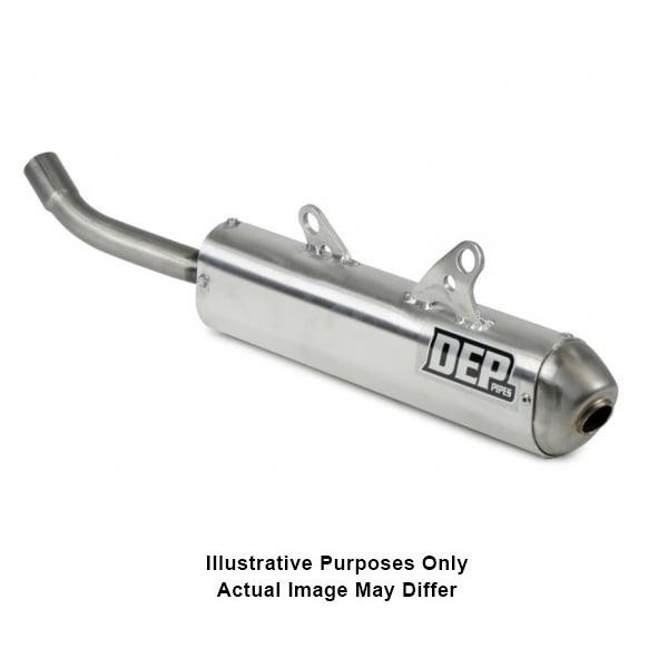 Silver metal exhaust silencer with a curved outlet, featuring mounting brackets and the "DEP" logo, designed for Yamaha DT125 LC Trail motorcycles.