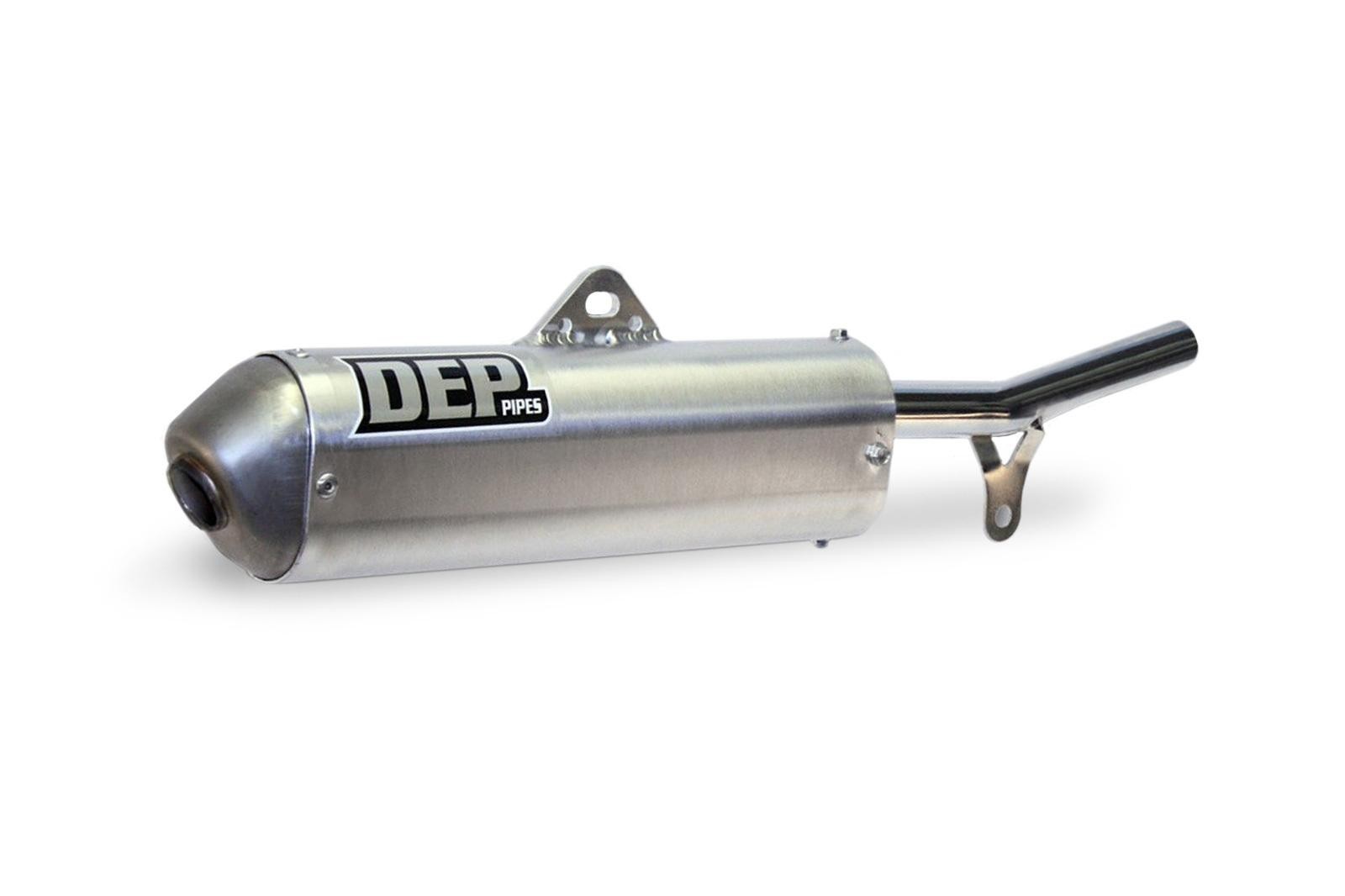 Silver metal exhaust silencer with a rounded end, featuring a black DEP logo, designed for Yamaha DT125R models from 1989 to 2003, with a mounting bracket attached.