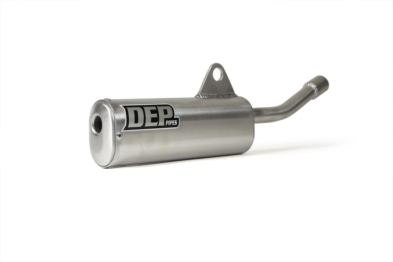 Silver metal exhaust silencer with a curved outlet, featuring a prominent black "DEP Pipes" logo, designed for Yamaha DT250 MX motorcycles.
