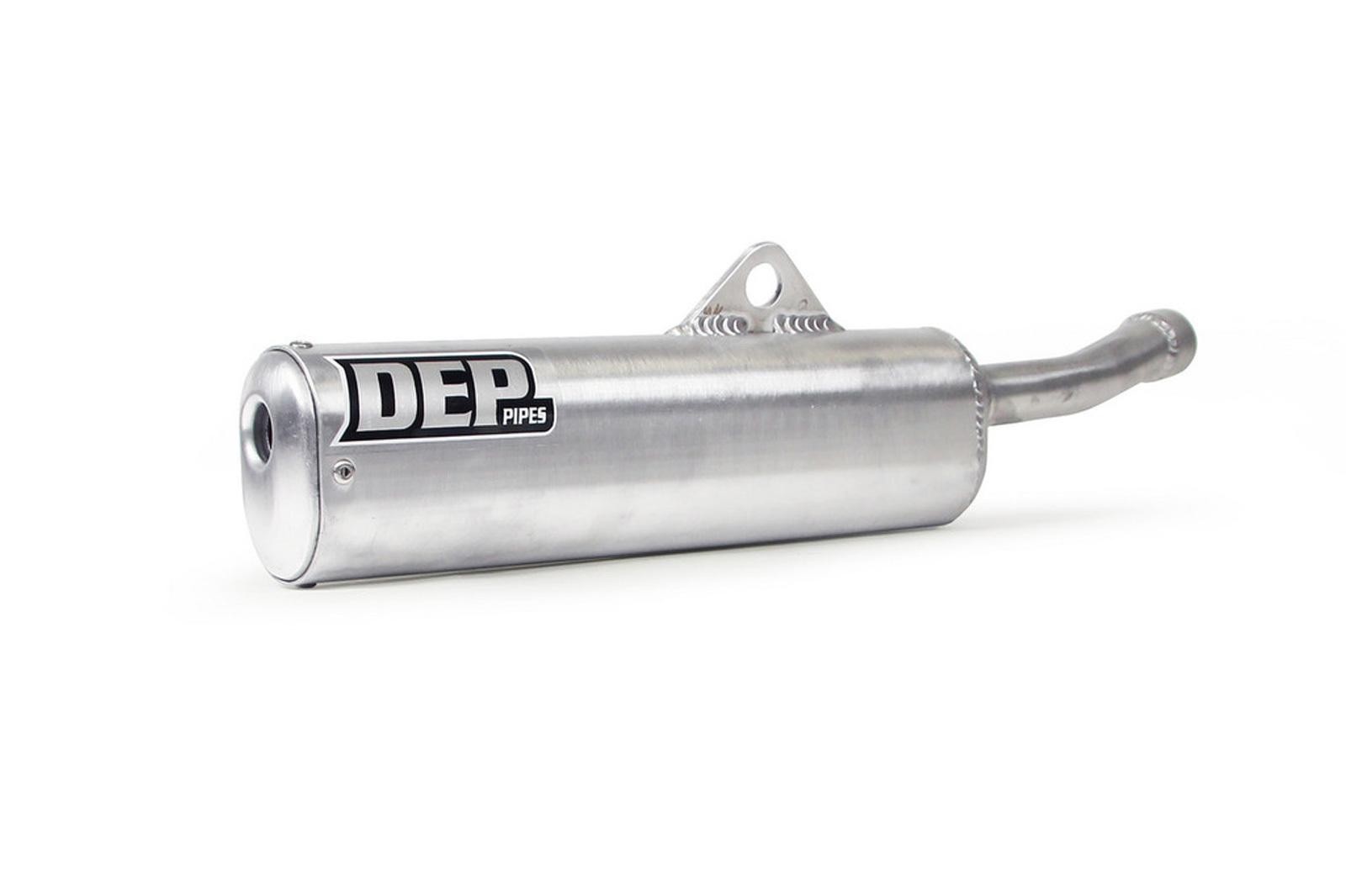 Silver aluminum exhaust silencer with a cylindrical shape, featuring a curved outlet, a black DEP logo, and mounting bracket for Yamaha IT 200 models from 1984 to 1986.