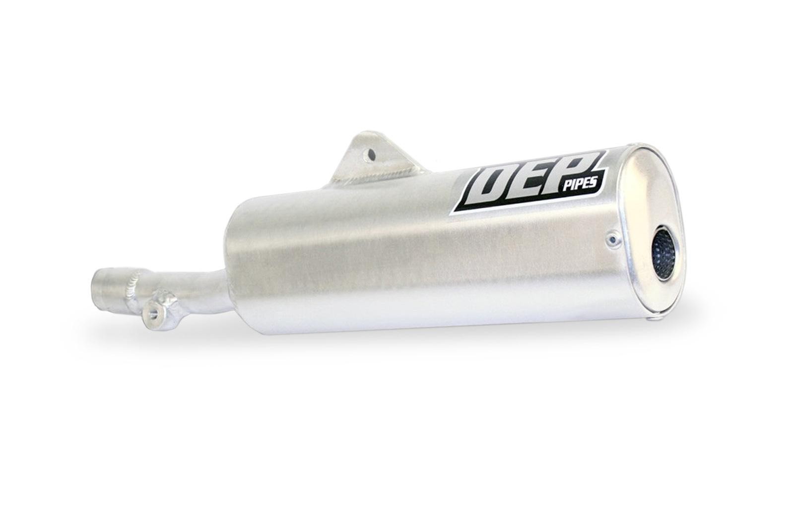 Silver metallic exhaust silencer with a cylindrical shape, featuring a black DEP logo, designed for Yamaha TY250R Mono, with a polished finish and a mesh end cap.