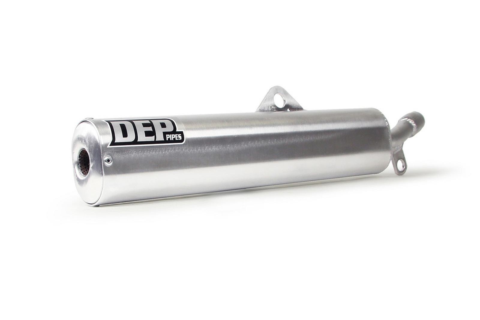 Silver aluminum DEP exhaust silencer designed for Yamaha WR200 models from 1991 to 2005, featuring a sleek cylindrical shape and a prominent black and white DEP logo.