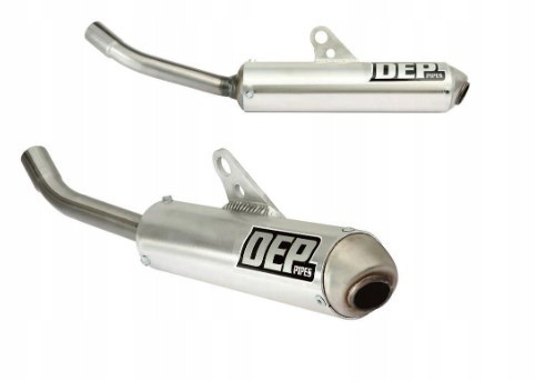Silver aluminum exhaust silencer with a shorty design, featuring a curved outlet pipe and a prominent black DEP logo on the side, designed for Yamaha YZ125 models from 2002 to 2021.
