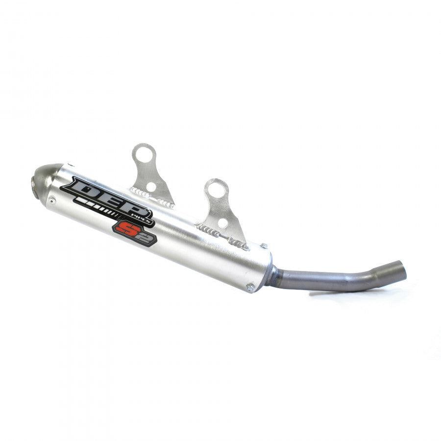 Silver aluminum exhaust silencer with a curved end, featuring a black and red DEP logo, designed for Yamaha YZ125 models from 2022 to 2024, with two mounting brackets.