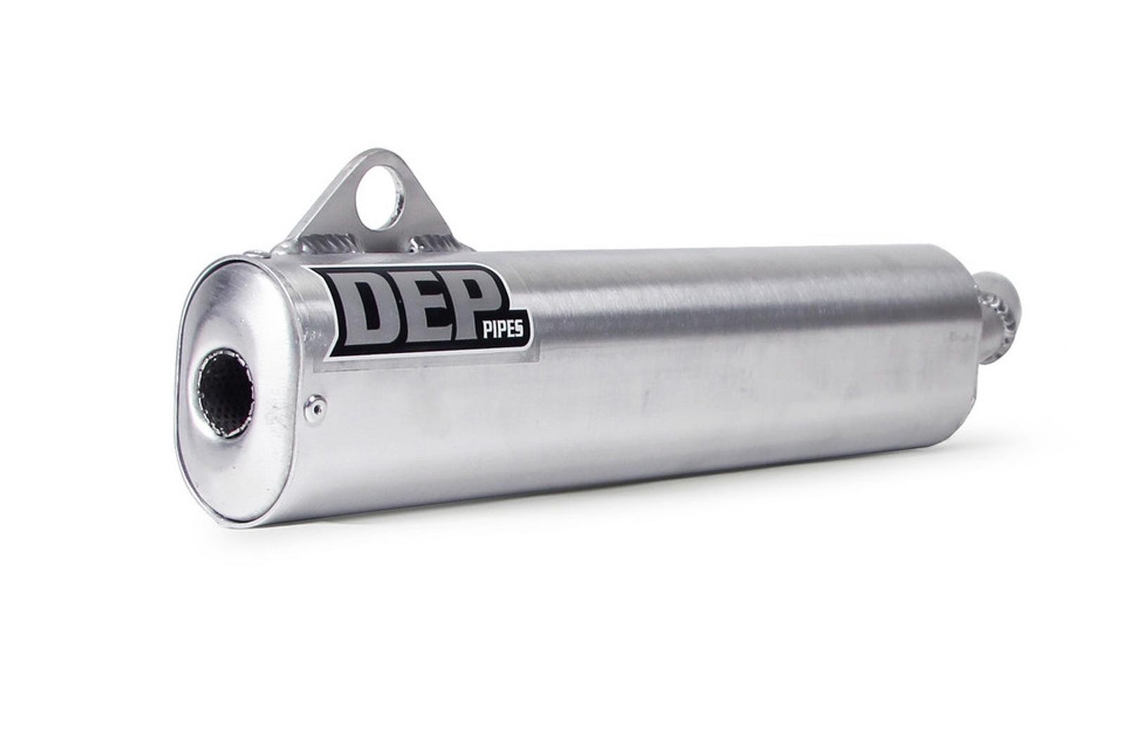 Silver aluminum exhaust silencer with a rounded end, featuring a black DEP logo and a mounting bracket, designed for Yamaha YZ250 models from 1991-1992.