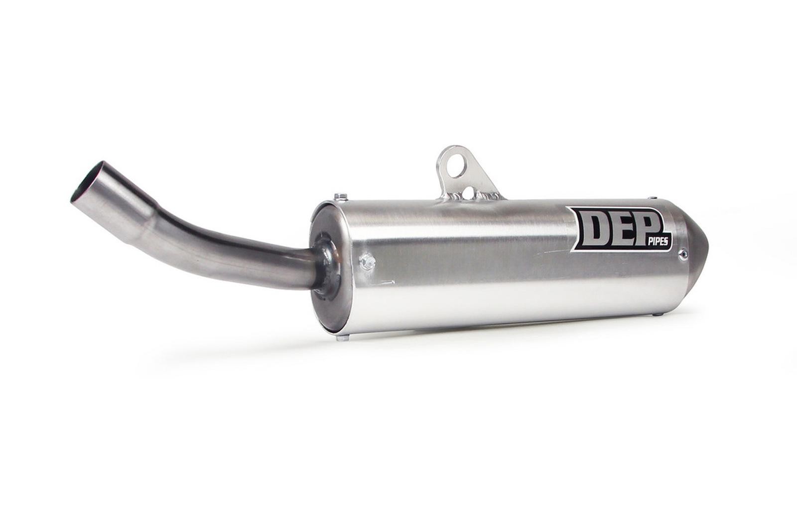 Silver stainless steel exhaust silencer with a shorty design, featuring a curved outlet pipe and a black DEP logo, specifically designed for Yamaha YZ250 models from 2002 to 2021.