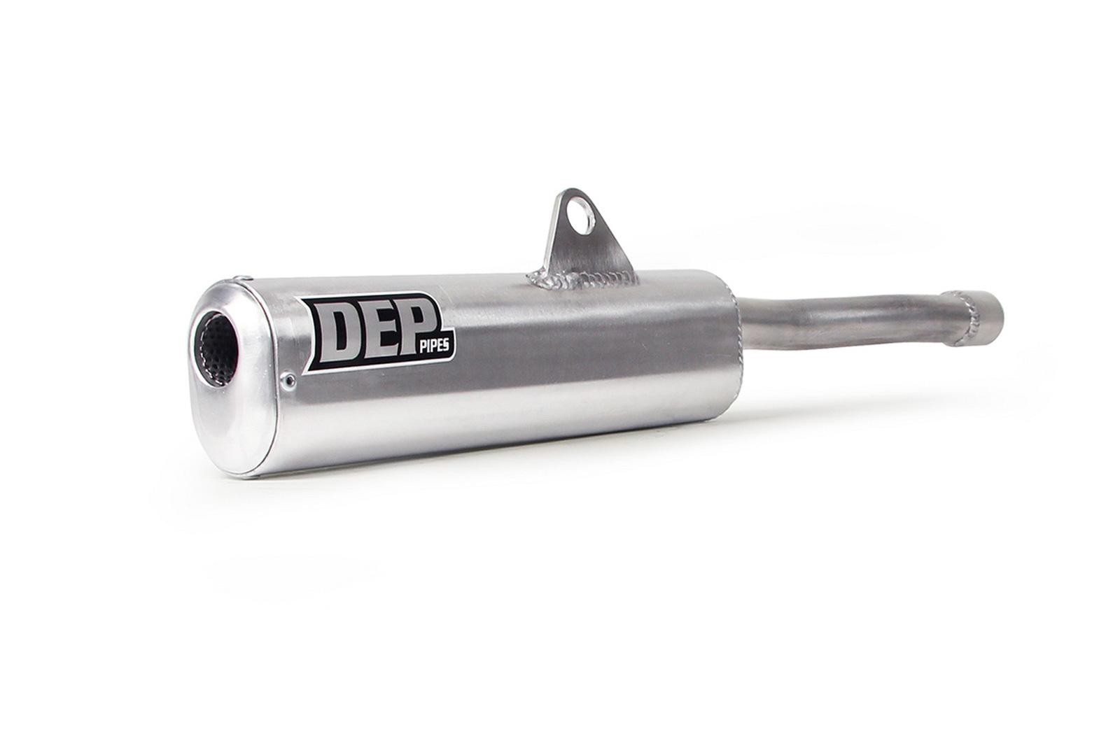 Silver metal exhaust silencer with a polished finish, featuring a black DEP logo, designed for Yamaha YZ490 1982, showcasing a cylindrical shape and a tapered end.