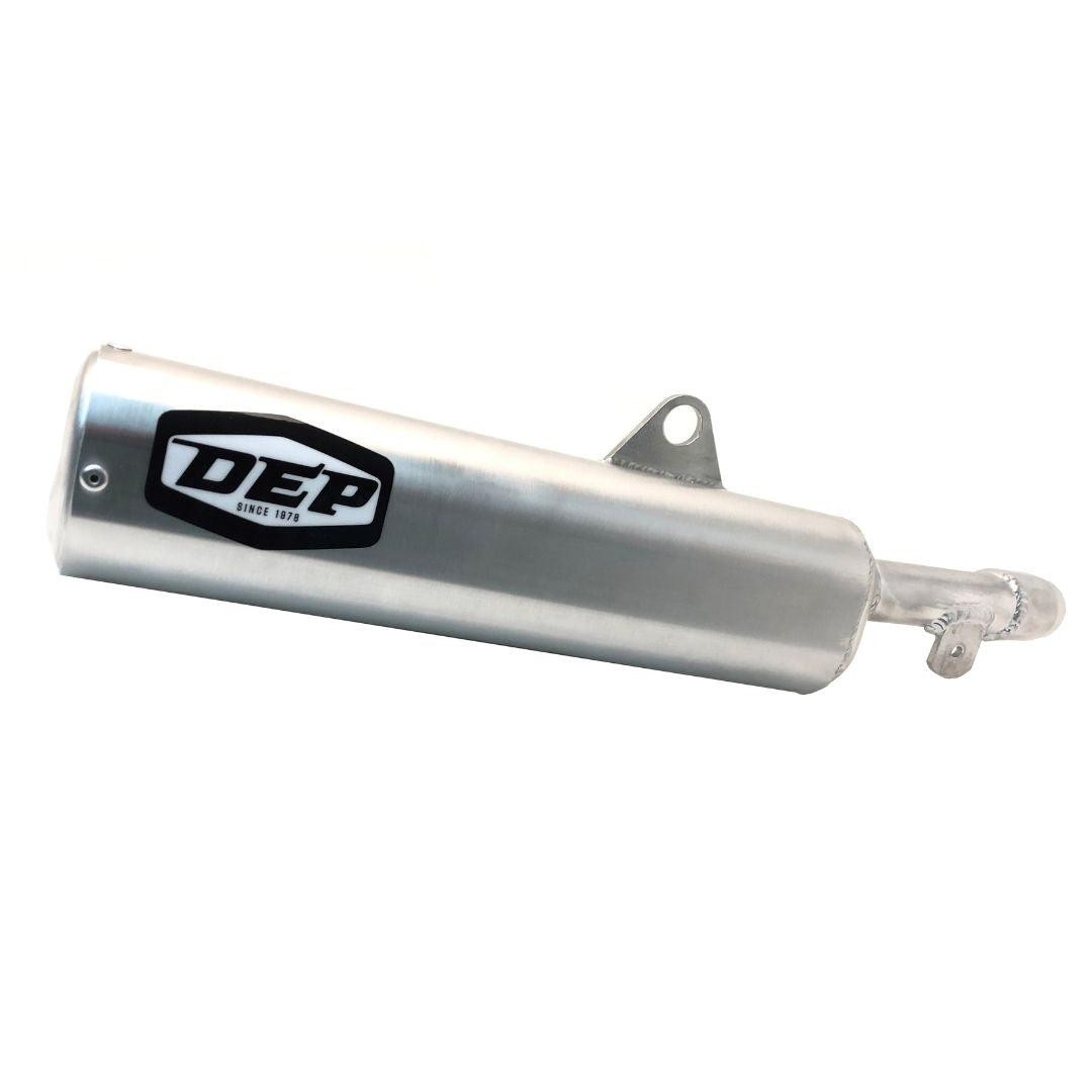 Silver aluminum exhaust silencer with a curved end, featuring a black DEP logo, designed for Yamaha YZ500 models from 1984 to 1988.