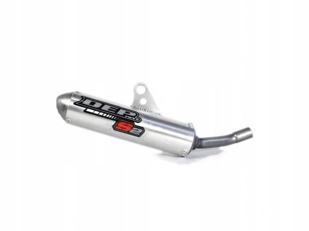 Silver metal exhaust silencer with a curved end, featuring a black and red DEP logo, designed for Yamaha YZ65 models from 2019 onwards.