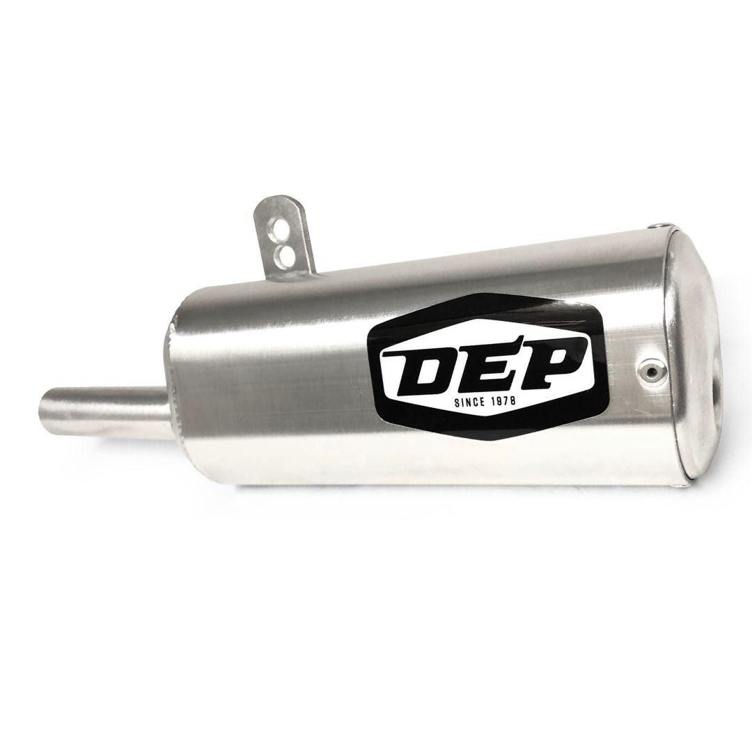 Silver stainless steel exhaust silencer with a cylindrical shape, featuring a black DEP logo and a mounting bracket, designed for Yamaha YZ80 models from 1985 to 1992.