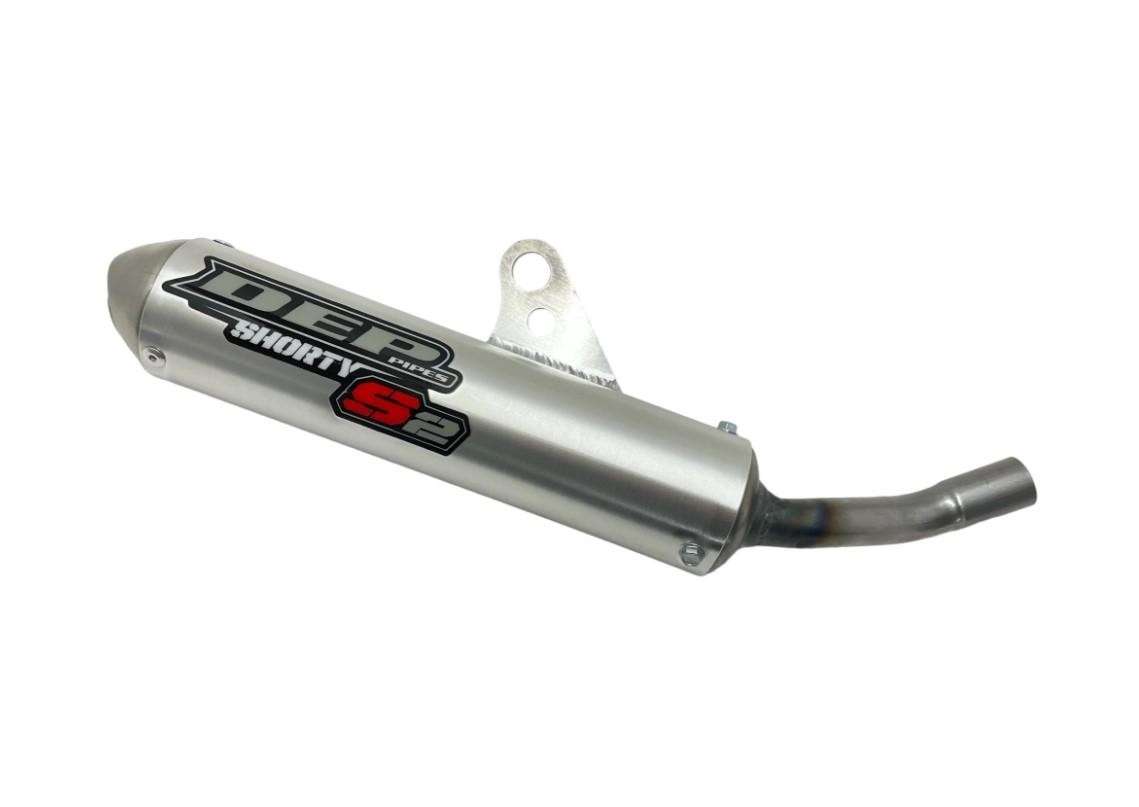 Silver aluminum DEP Exhaust Silencer with "DEP" logo, designed for Yamaha YZ85 (2019-on), featuring a sleek, curved shape and a short outlet pipe.