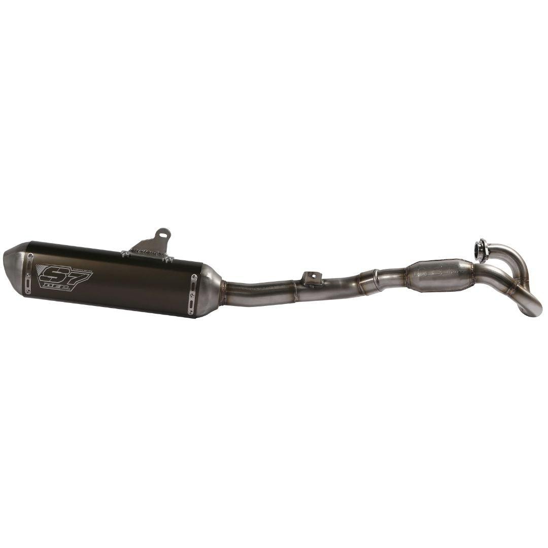 Black stainless steel full exhaust system for Honda CRF250R 2022-23, featuring a sleek design with a prominent logo and curved pipe for enhanced performance.