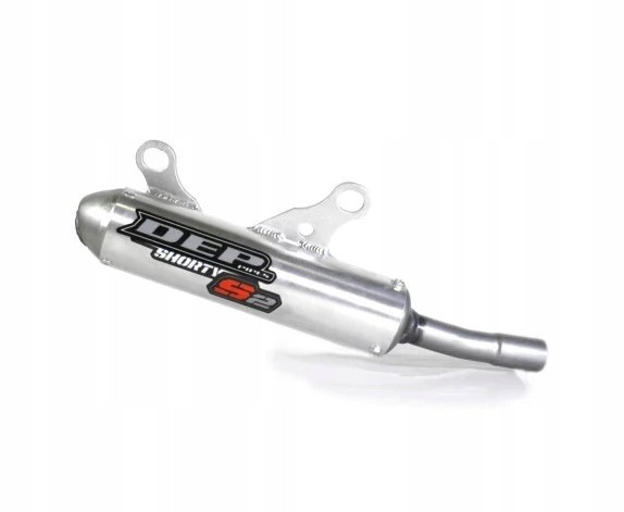 Silver metal shorty silencer with a curved end, featuring black and red "DEP" branding, designed for KTM SX 125/150 and Husqvarna TC125 models from 2019 onwards.