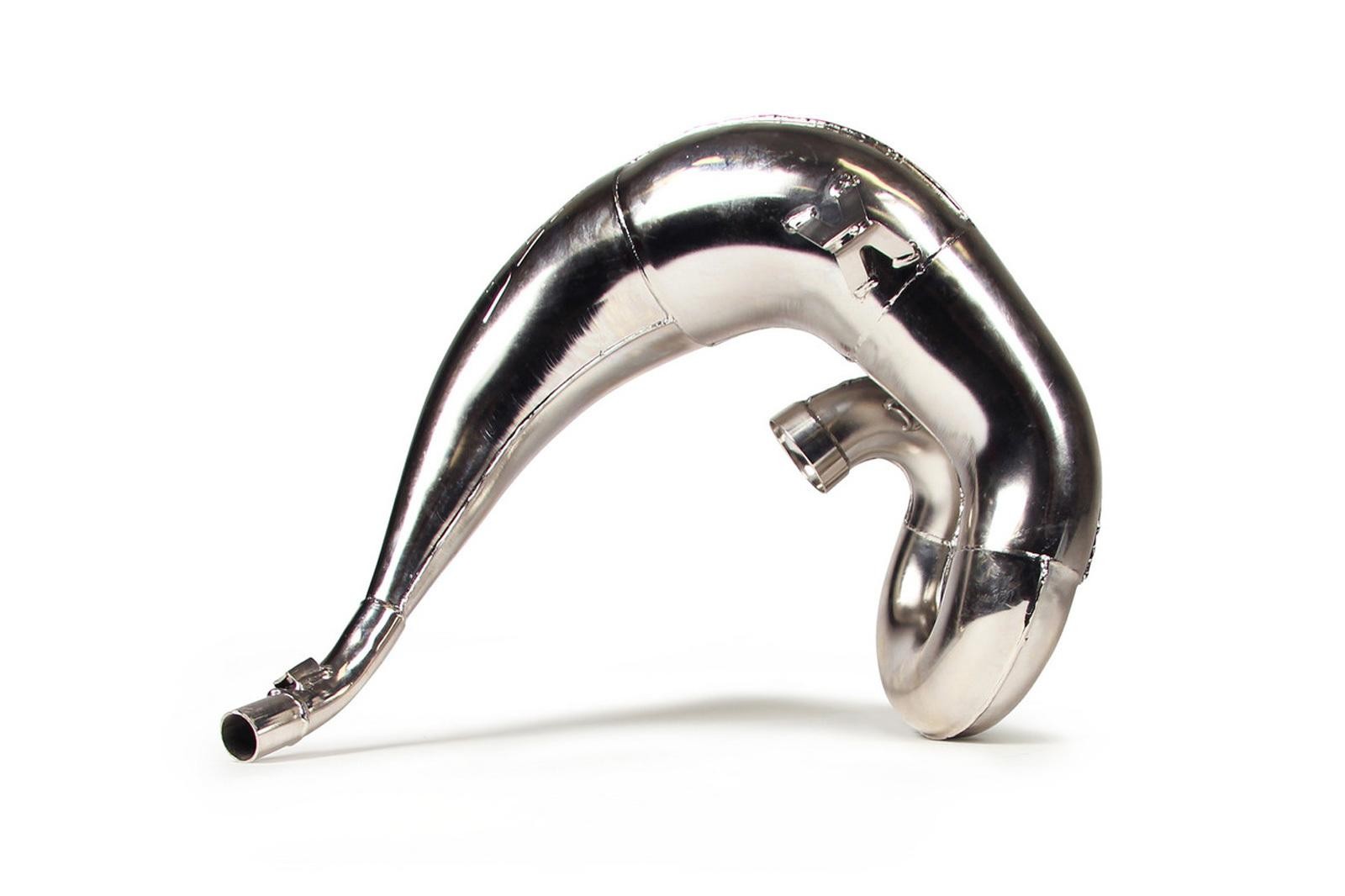 Shiny silver nickel exhaust front pipe with a curved design, featuring smooth welds and a connection point for the KTM SX250 1998 model.
