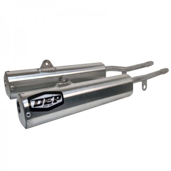 Two silver exhaust silencers made of polished aluminum, designed for the Yamaha TDR250 Trail, featuring the DEP logo prominently on one side.