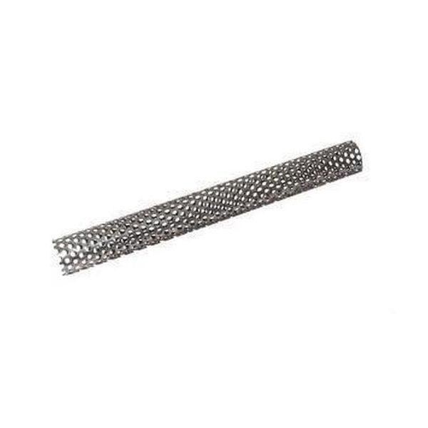 Silver metal silencer core with a cylindrical shape, featuring a perforated design, measuring 25mm in diameter and 400mm in length, ideal for 2-stroke engines.