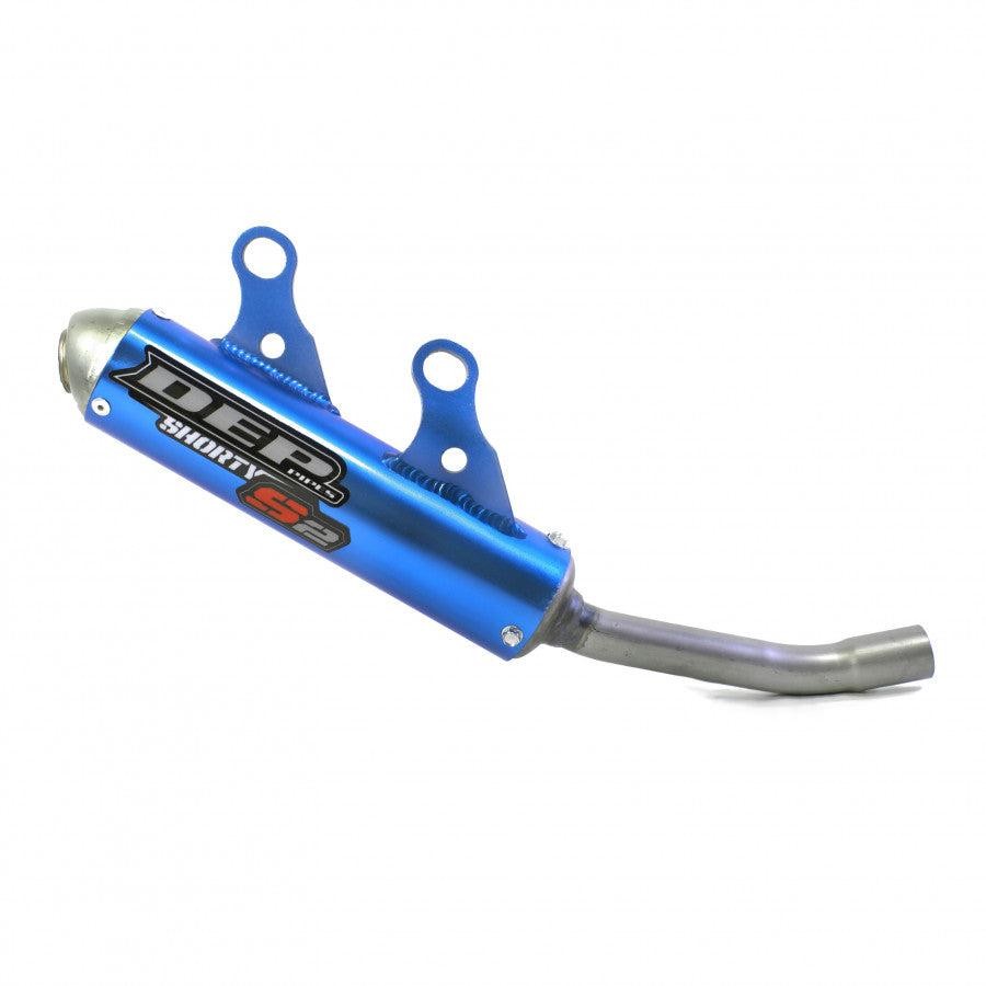 Blue aluminum DEP Shorty Exhaust Silencer designed for Yamaha YZ125 (2022 onwards), featuring a curved outlet pipe and dual mounting brackets for secure attachment.