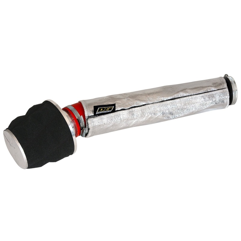 Silver air-tube cover kit with a black rubber end, featuring a red accent and a logo tag, designed to protect and insulate a 14-inch wide, 3-foot long air tube.