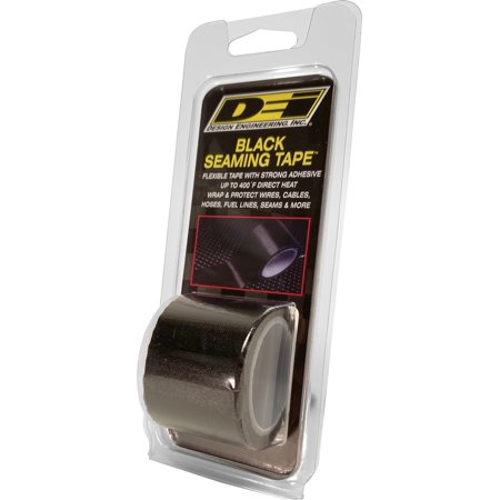 Black seaming tape in a clear packaging, featuring a strong adhesive, designed to wrap and protect wires, cables, and hoses, suitable for high-temperature applications.