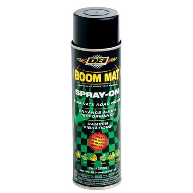 Black spray can with a green and yellow label, labeled "BOOM MAT SPRAY-ON," designed to eliminate road noise and enhance audio performance, featuring a nozzle for easy application.