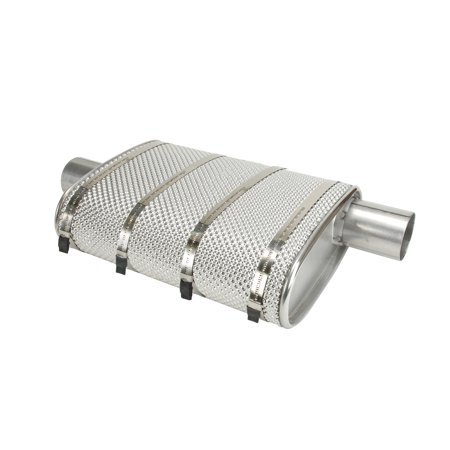 Silver stainless steel exhaust muffler shield with a perforated design, featuring three straps for secure attachment and a polished finish.