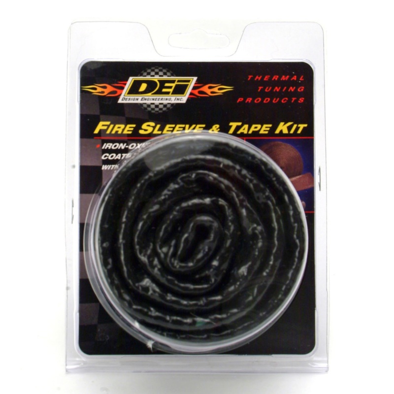 Black fire sleeve and tape kit, 1 inch by 36 inches, packaged in a clear plastic container with a black and red label featuring the Design Engineering logo.