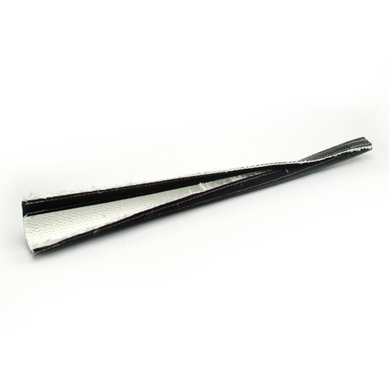 Black and silver fire wrap, made from heat-resistant material, measuring 5/8 inch inner diameter and 2 feet in length, designed for thermal protection in automotive applications.