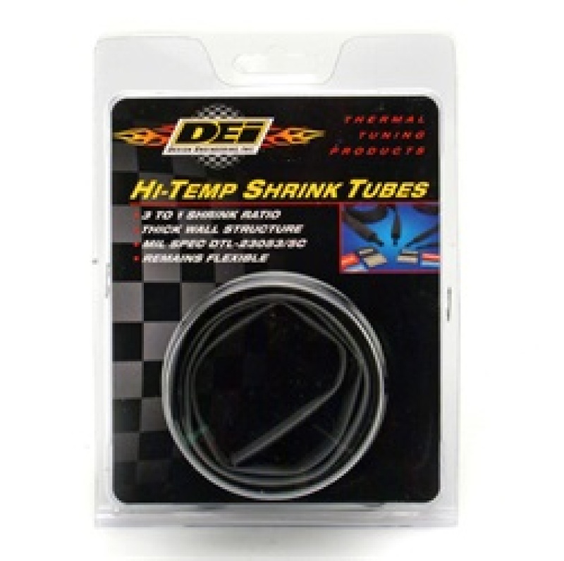 Black hi-temp heat shrink tubing, 12mm x 4 feet, packaged in a clear plastic blister with a colorful DEi logo and product details, designed for wire insulation.