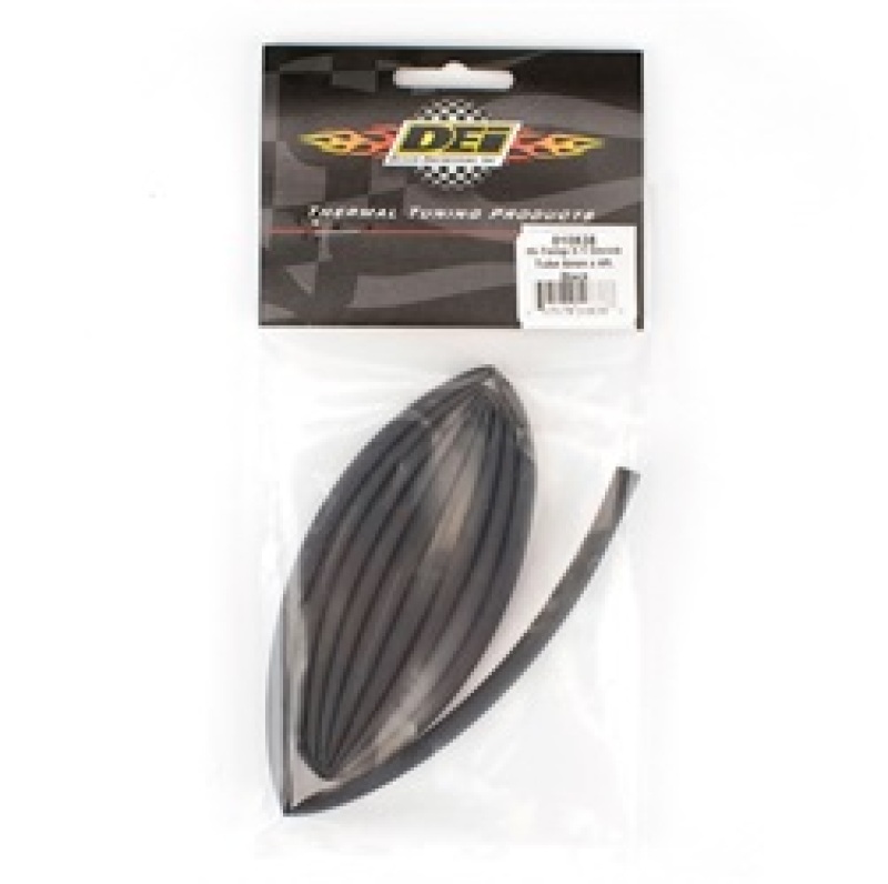 Black heat shrink tubing packaged in a clear plastic bag, featuring a 6mm diameter and 4-foot length, with a branded header card displaying the DEi logo.