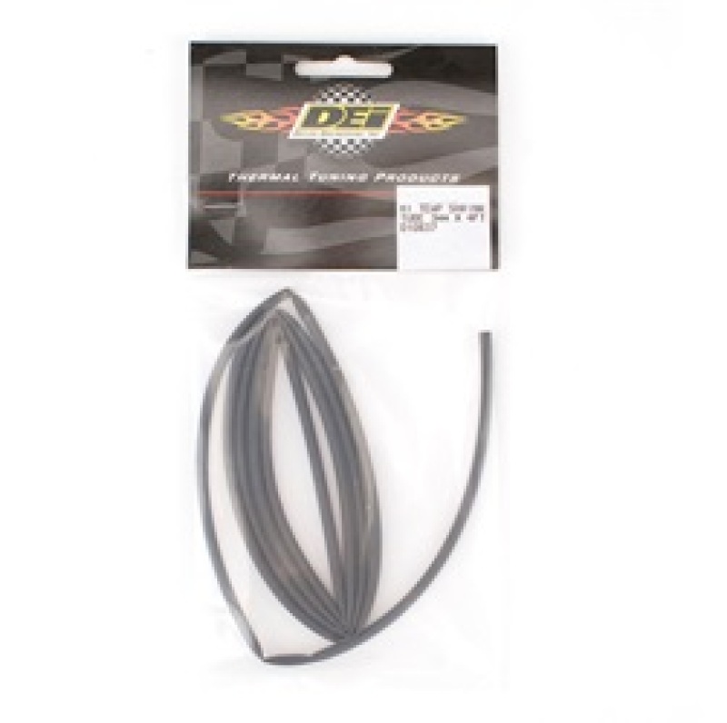 Black 3mm x 48in thermal tubing by Design Engineering, packaged in a clear bag with a branded header card, showcasing its flexible, durable material.