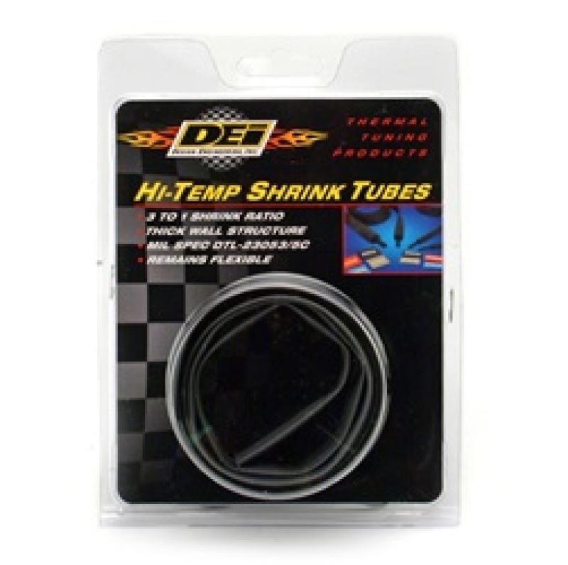 Black hi-temp heat shrink tubing, 18mm wide and 4 feet long, packaged in a clear plastic blister with a colorful DEi logo and thermal tuning product branding.