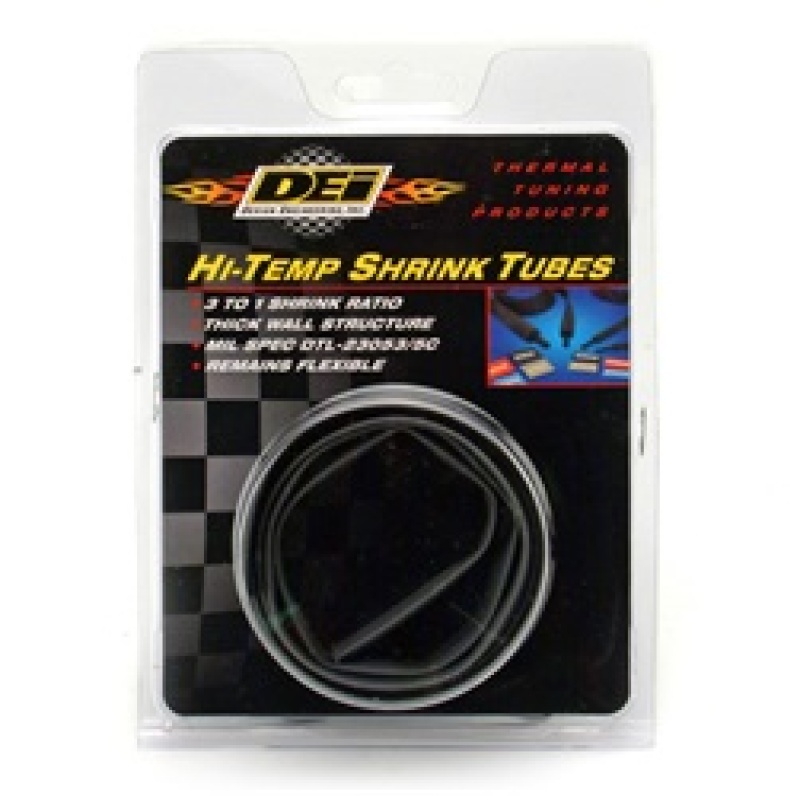 Black hi-temp heat shrink tubing packaged in a clear plastic blister pack, labeled with the DEi logo, featuring a 9mm diameter and 4-foot length for wire insulation.