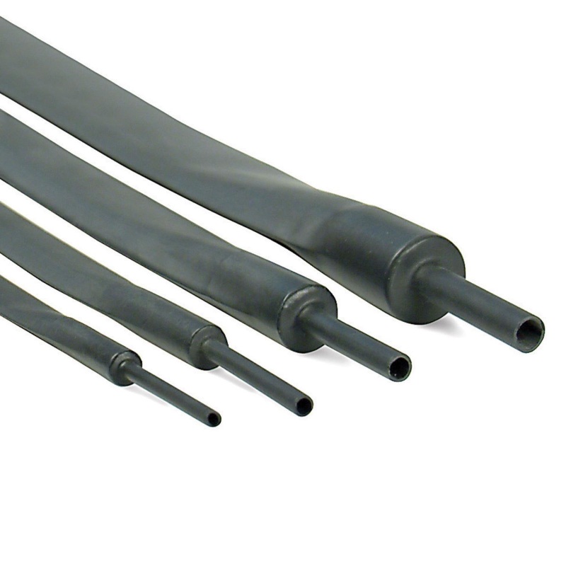 Black hi-temp heat shrink tubing in varying diameters (9-24mm) and lengths (2 ft), made of flexible material for wire insulation applications.