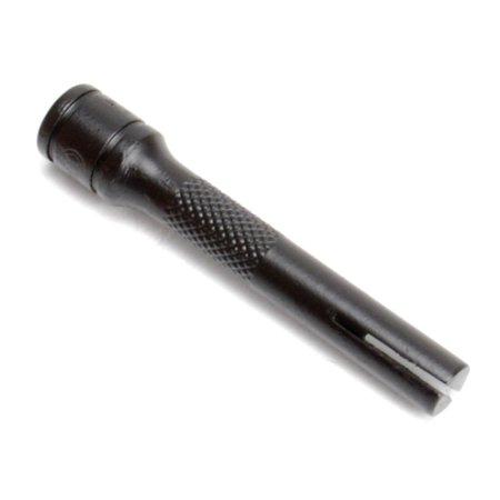 Black locking tie tool with a textured grip and a narrow, elongated design, featuring a slot at one end for securing ties.