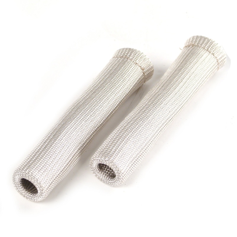 Silver spark plug boot heat shields made of woven material, designed to protect against heat, presented in a 2-pack.