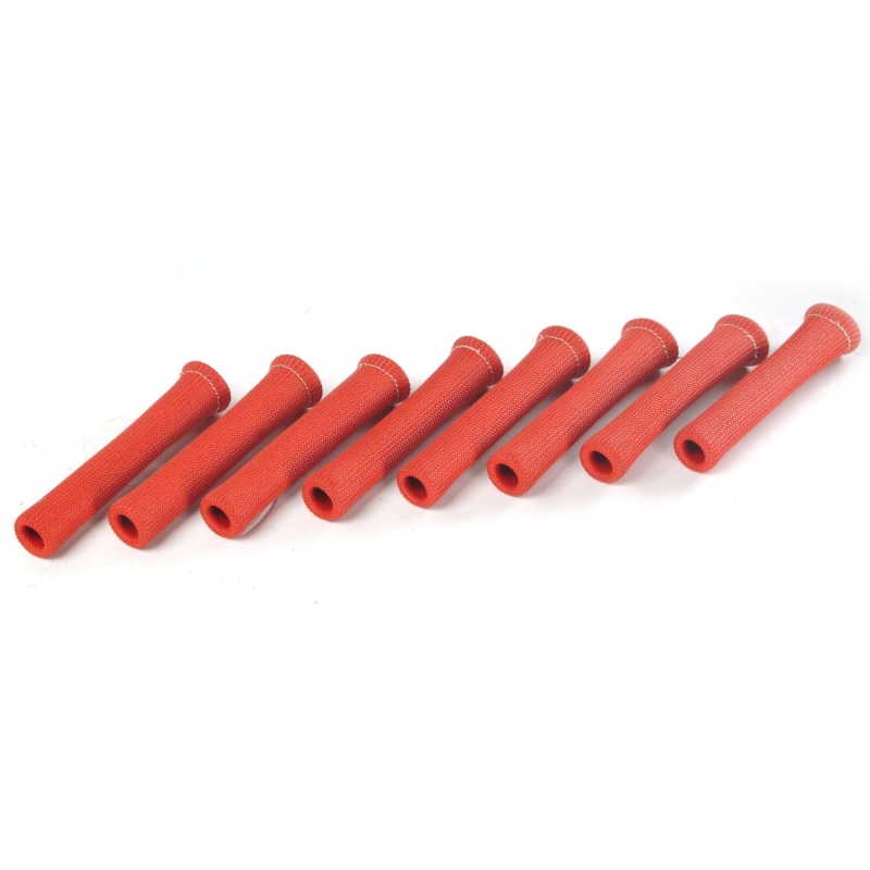 Eight red rubber protect-a-boots, each 6 inches long, featuring a textured surface and flared ends, designed for heat protection in automotive applications.