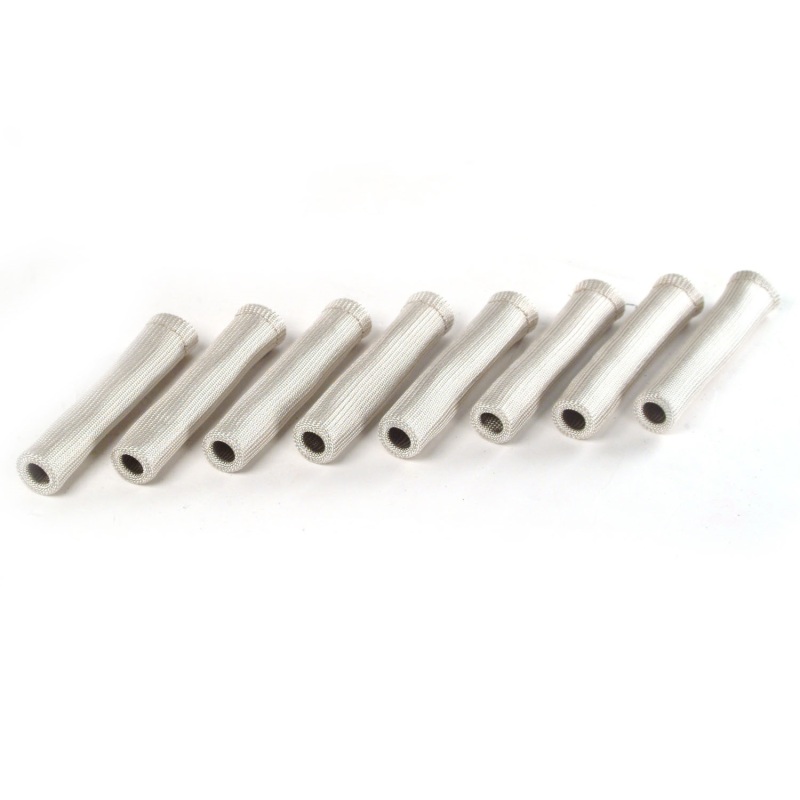 Eight silver thermal tubing protectors, each 6 inches long, featuring a textured surface and open ends, designed for heat protection in automotive applications.