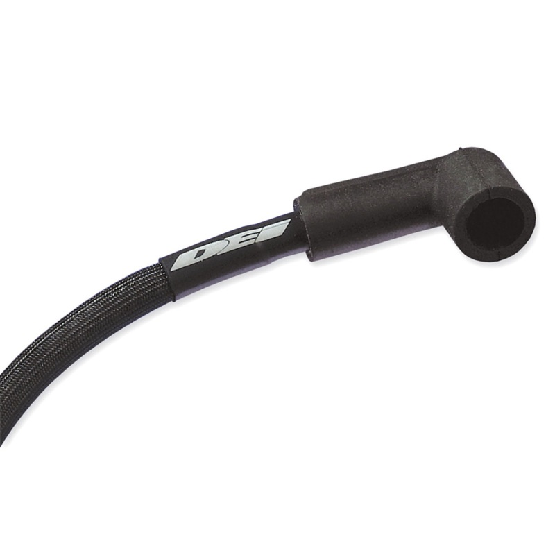 Black Protect-a-Wire kit featuring a flexible wire cover with a 90-degree connector, designed for eight-cylinder applications, showcasing durable material and DEI branding.